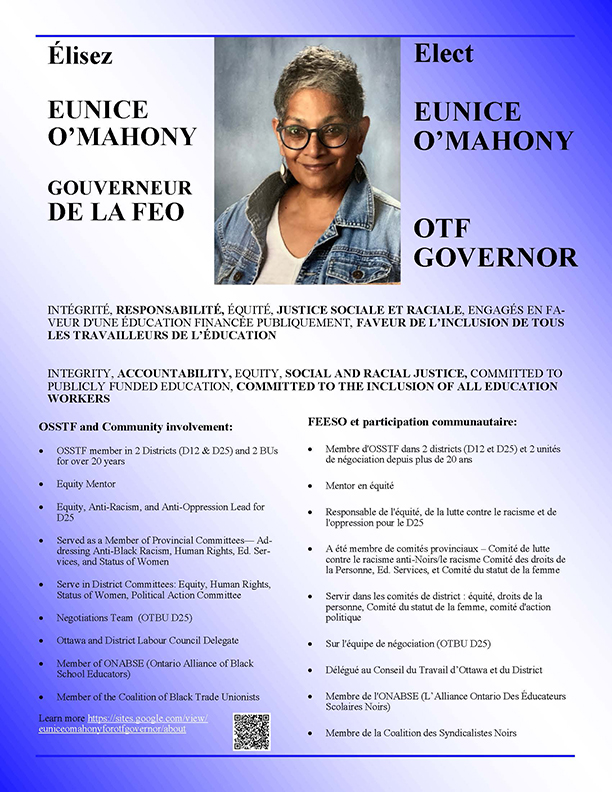 image of Eunice O-Mahony Gouverneure à la Fédération des enseignantes de l’Ontario elections poster