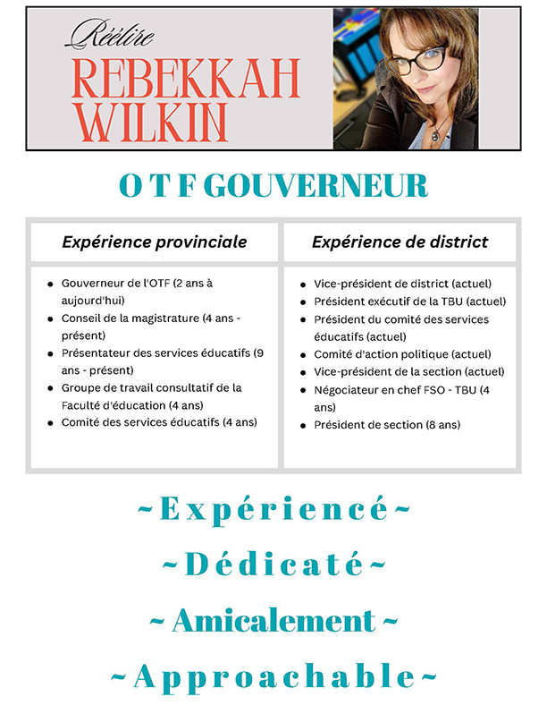 image of Rebekkah Wilkin Gouverneure à la Fédération des enseignantes de l’Ontario elections poster